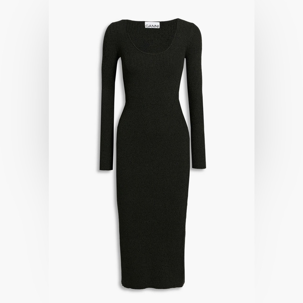 GANNI🪲Dark Green🪲 Mélange ribbed-jersey midi dress🪲Sz M🪲 PERFECT condition!